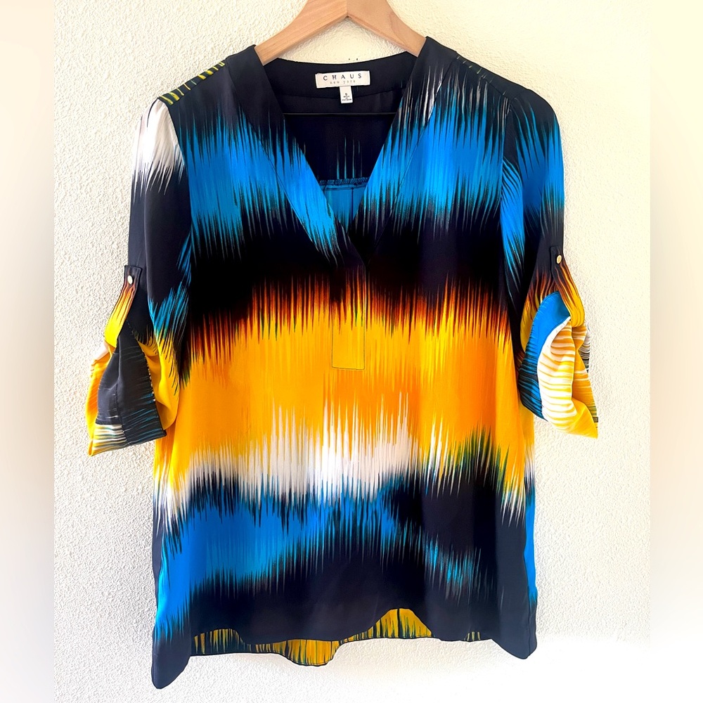 Chaus Women's Vibrant Black, Blue, and Yellow V-Neck Blouse